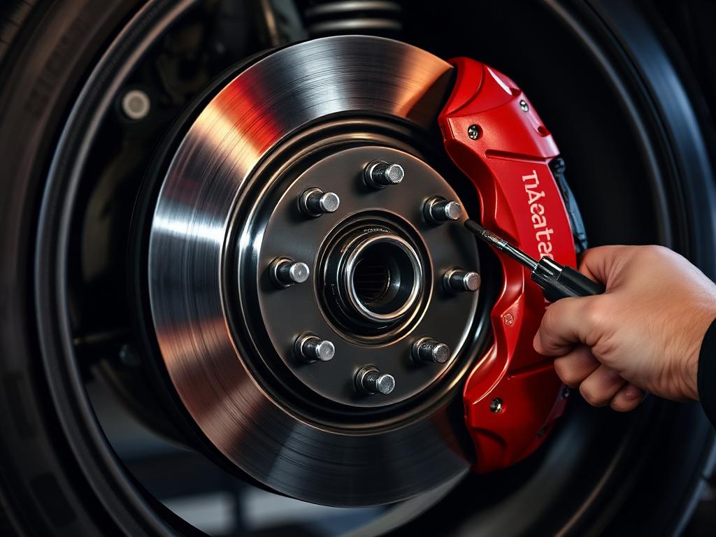 Disc brake rotor with red caliper being serviced