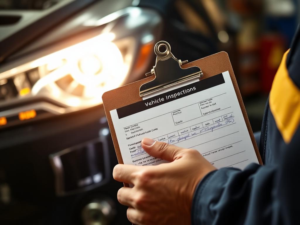 Mechanic holding NYS vehicle inspection clipboard