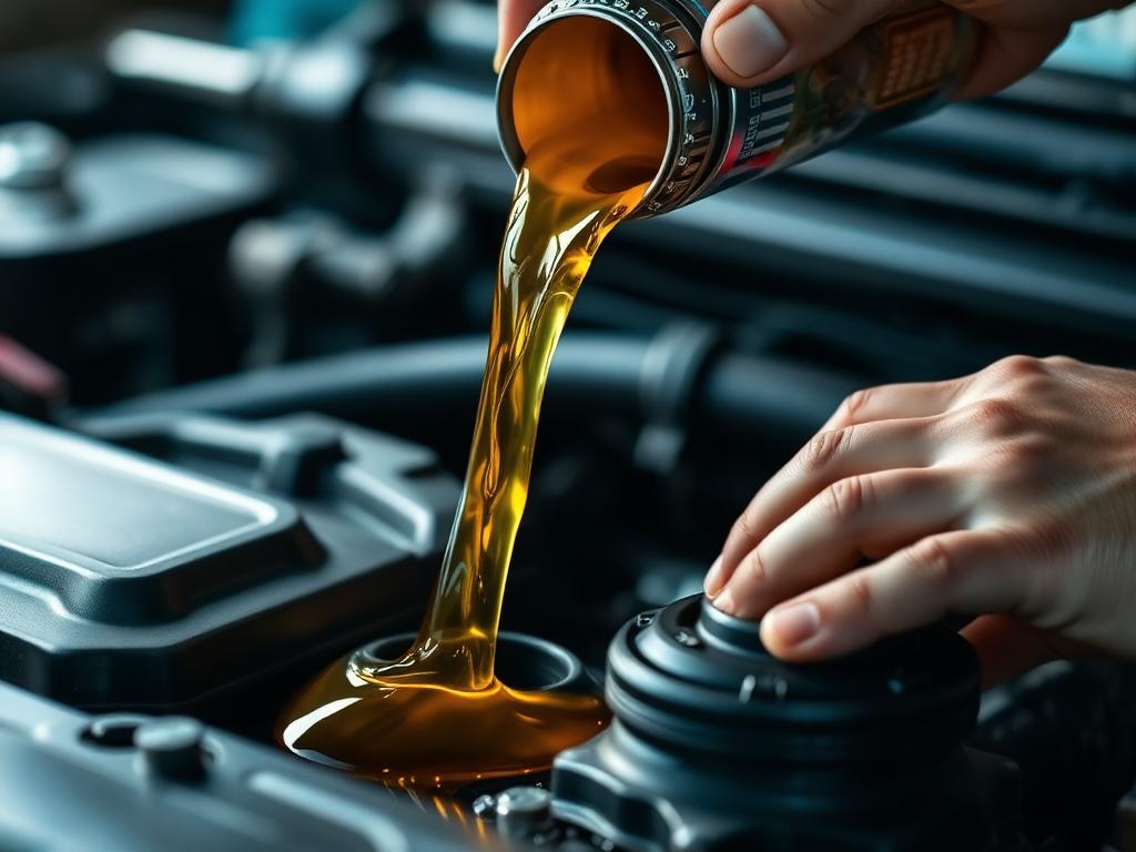 Mechanic pouring fresh engine oil into a car engine