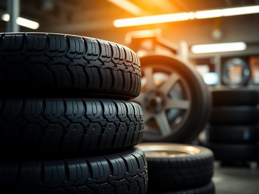 Stack of new tires in a tire shop with alignment machine